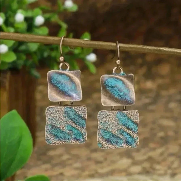 Bronze and Turquoise Square Drop Earrings - Picture 2 of 3
